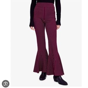 NWT! FREE PEOPLE High-Rise Maroon Striped Ponte Knit Flare Bell Bottom Pants